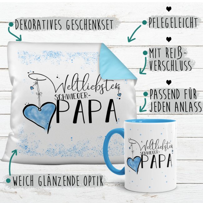 Geschenk-Set - Weltliebster Schwiegerpapa - Kissen und Tasse Hellblau