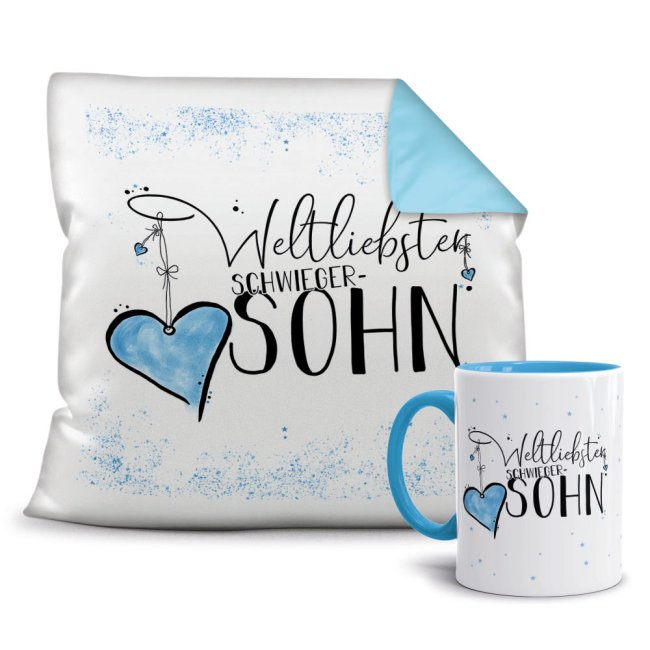 Geschenk-Set - Weltliebster Schwiegersohn - Kissen und Tasse Hellblau