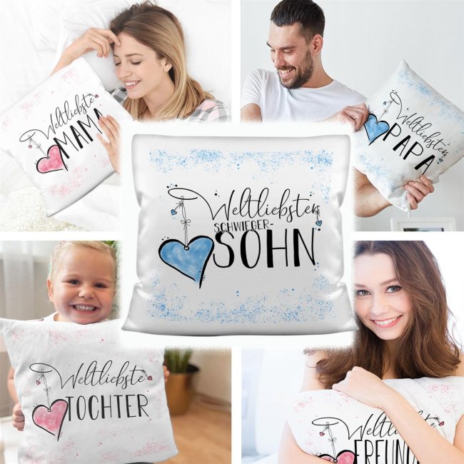 Geschenk-Set - Weltliebster Schwiegersohn - Kissen und Tasse Hellblau