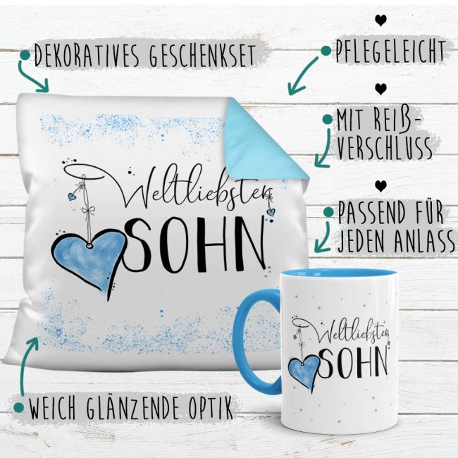 Geschenk-Set - Weltliebster Sohn - Kissen und Tasse Hellblau