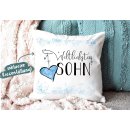 Geschenk-Set - Weltliebster Sohn - Kissen und Tasse Hellblau