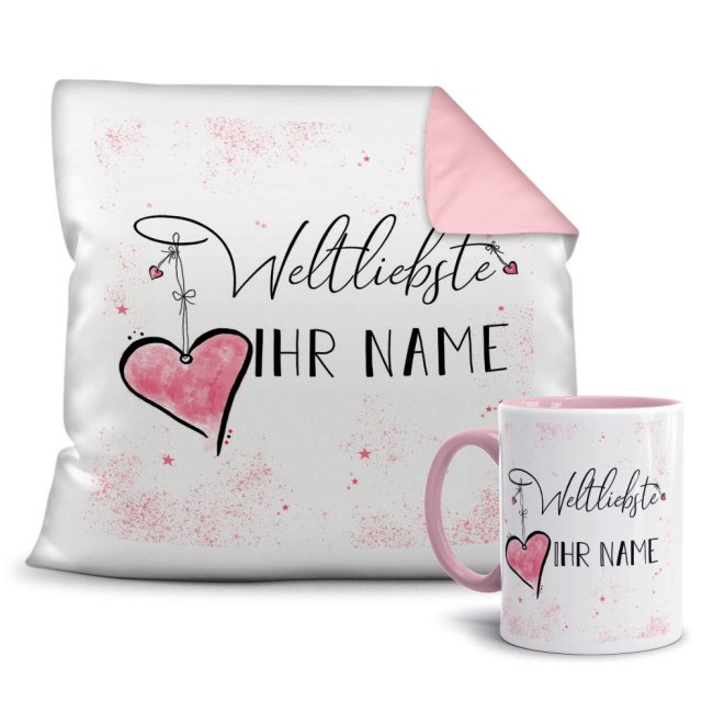 Geschenk-Set - Weltliebste -NAME- Kissen und Tasse Rosa