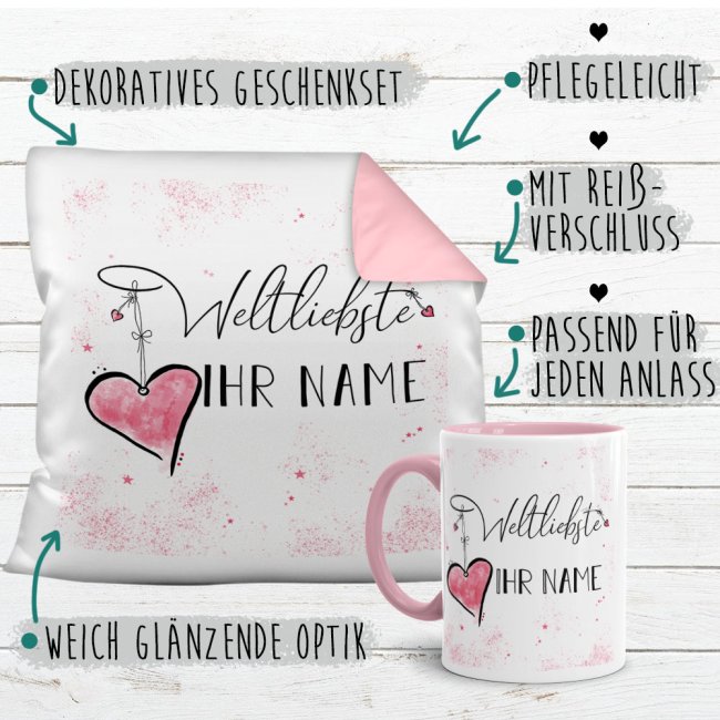 Geschenk-Set - Weltliebste -NAME- Kissen und Tasse Rosa