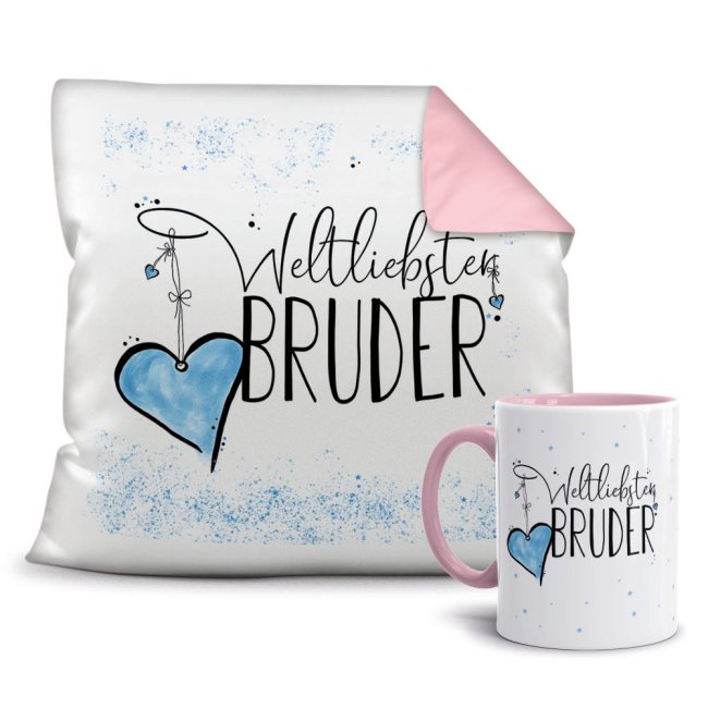Geschenk-Set - Weltliebster Bruder - Kissen und Tasse Rosa