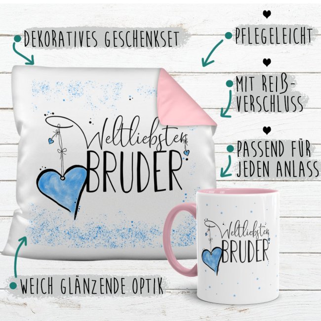 Geschenk-Set - Weltliebster Bruder - Kissen und Tasse Rosa