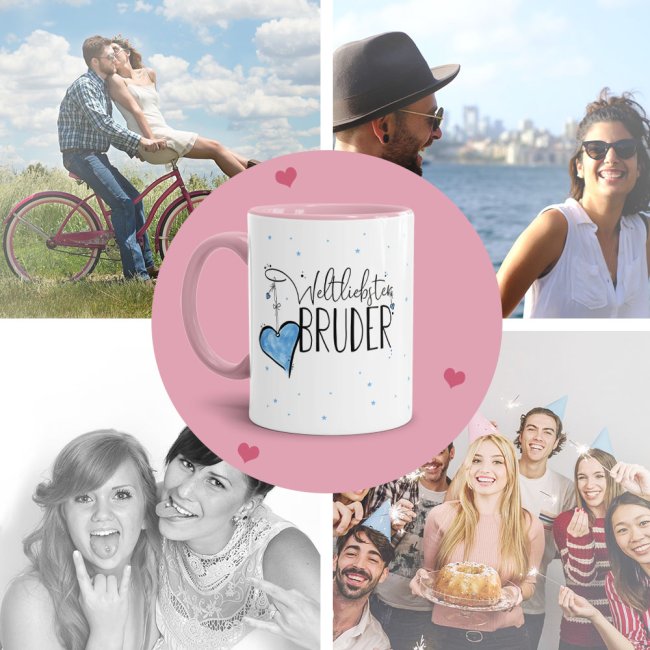 Geschenk-Set - Weltliebster Bruder - Kissen und Tasse Rosa