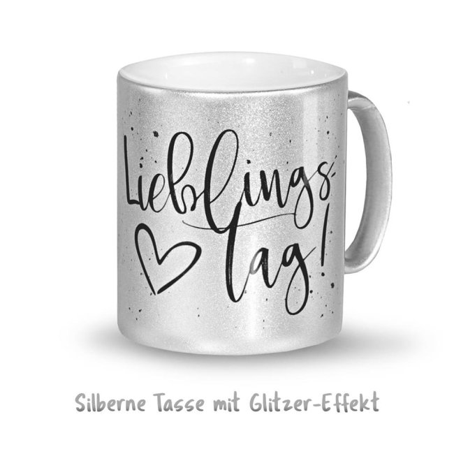 Geschenk-Set aus Spruch-Tasse mit Geschenk-Box und passender Gru&szlig;-Karte &quot;Lieblingstag&quot;