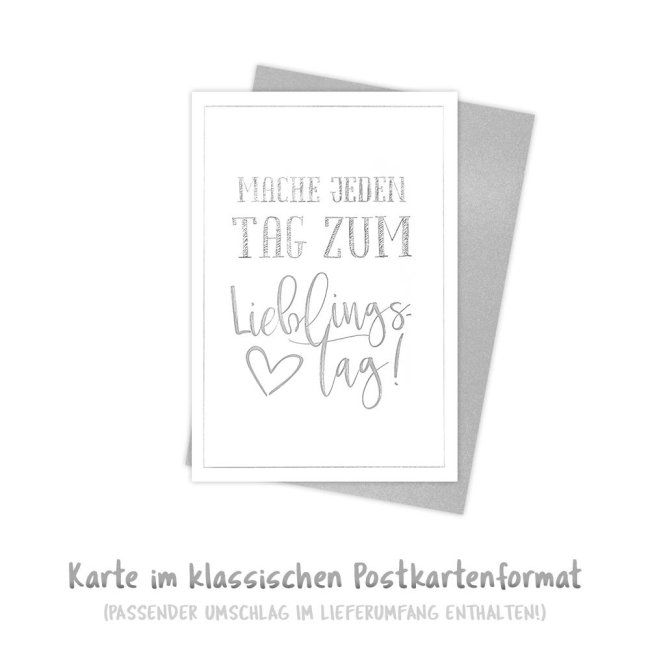 Geschenk-Set aus Spruch-Tasse mit Geschenk-Box und passender Gru&szlig;-Karte &quot;Lieblingstag&quot;