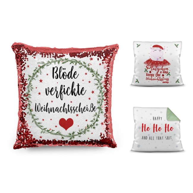 Weihnachts-Kissen mit lustigen Motiven und Spr&uuml;chen