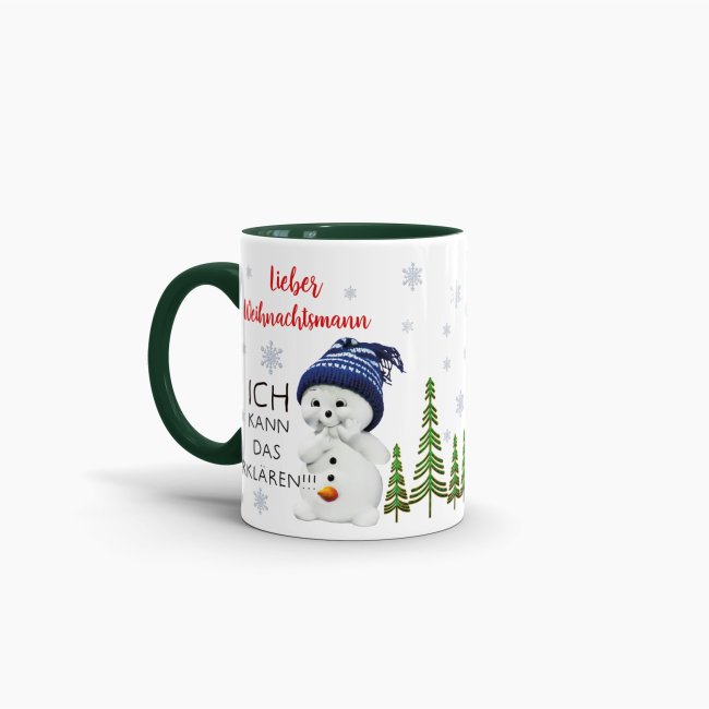 Tasse XMAS - Schneemann lustig - Innen &amp; Henkel dunkelgr&uuml;n