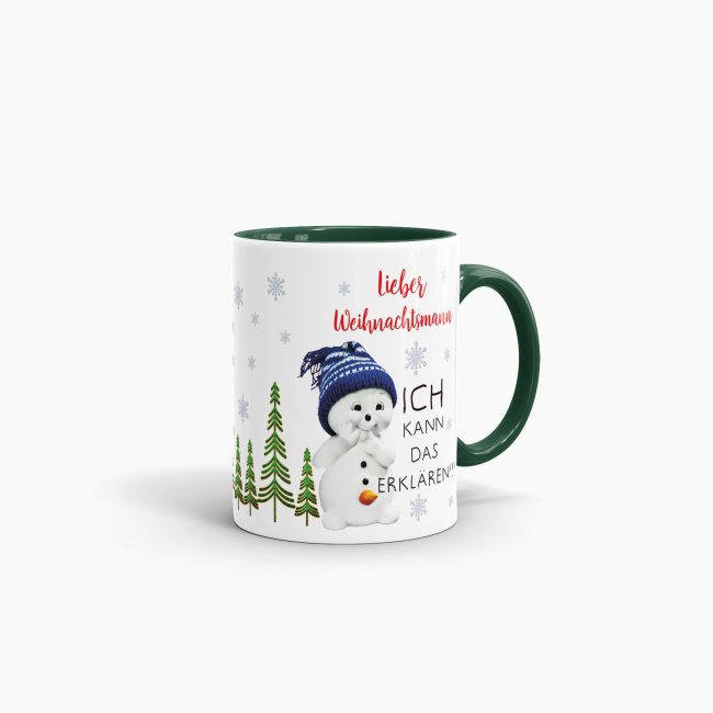 Tasse XMAS - Schneemann lustig - Innen &amp; Henkel dunkelgr&uuml;n