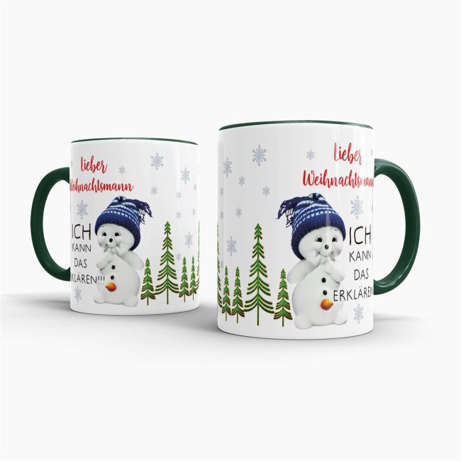 Tasse XMAS - Schneemann lustig - Innen &amp; Henkel dunkelgr&uuml;n