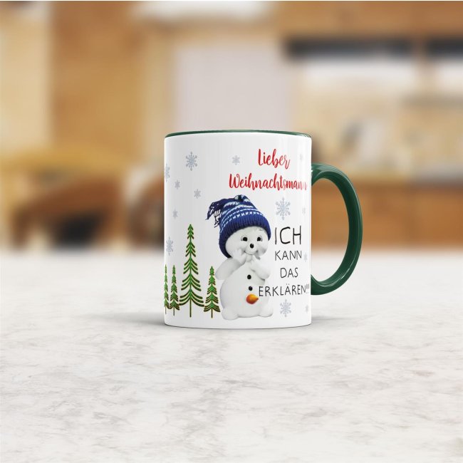 Tasse XMAS - Schneemann lustig - Innen &amp; Henkel dunkelgr&uuml;n