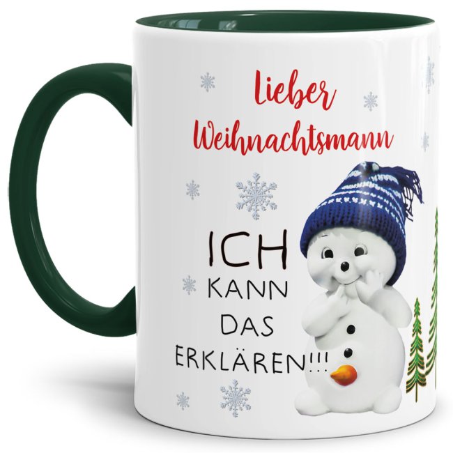 Tasse XMAS - Schneemann lustig - Innen &amp; Henkel dunkelgr&uuml;n