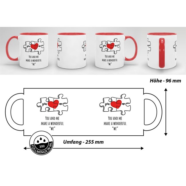 Tasse Puzzleteile -You and Me make a wonderful we- Innen &amp; Henkel Rot