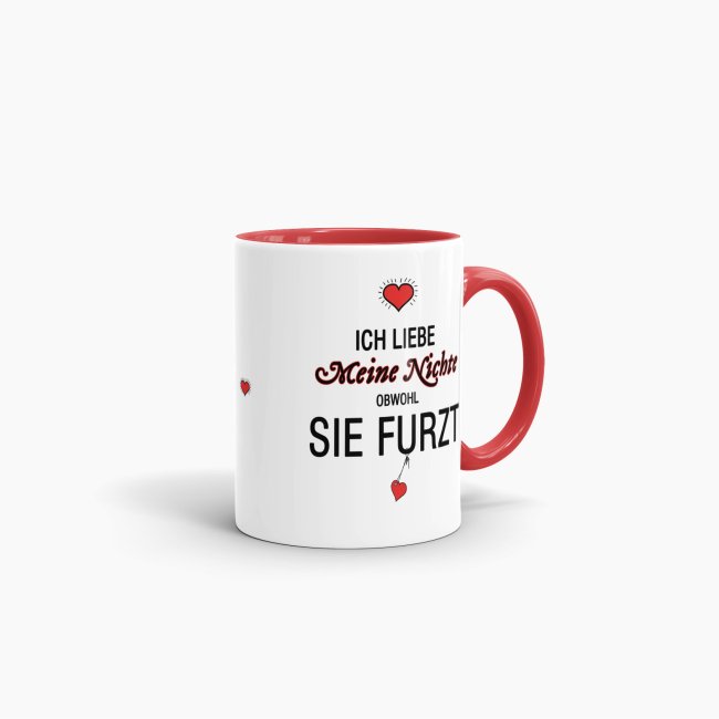 Tasse Liebeserkl&auml;rung &quot;Obwohl du furzt - Nichte&quot; - Innen &amp; Henkel Rot