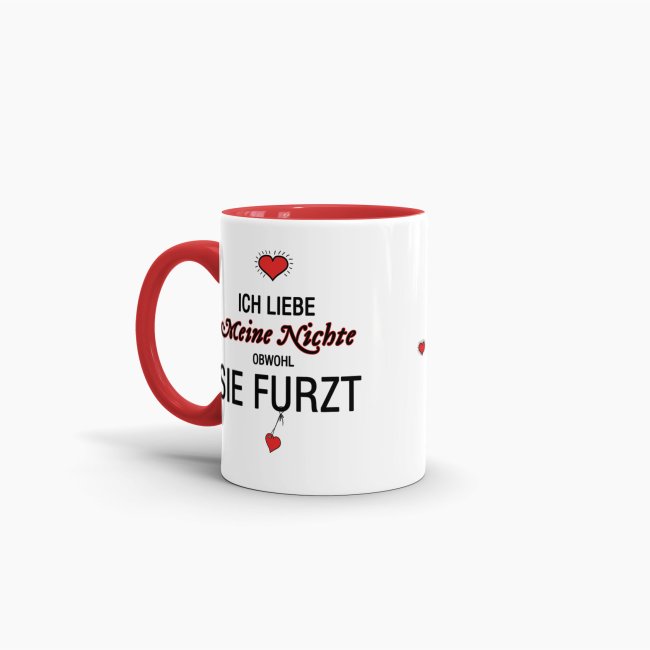 Tasse Liebeserkl&auml;rung &quot;Obwohl du furzt - Nichte&quot; - Innen &amp; Henkel Rot