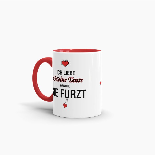 Tasse Liebeserkl&auml;rung &quot;Obwohl du furzt - Tante&quot; - Innen &amp; Henkel Rot