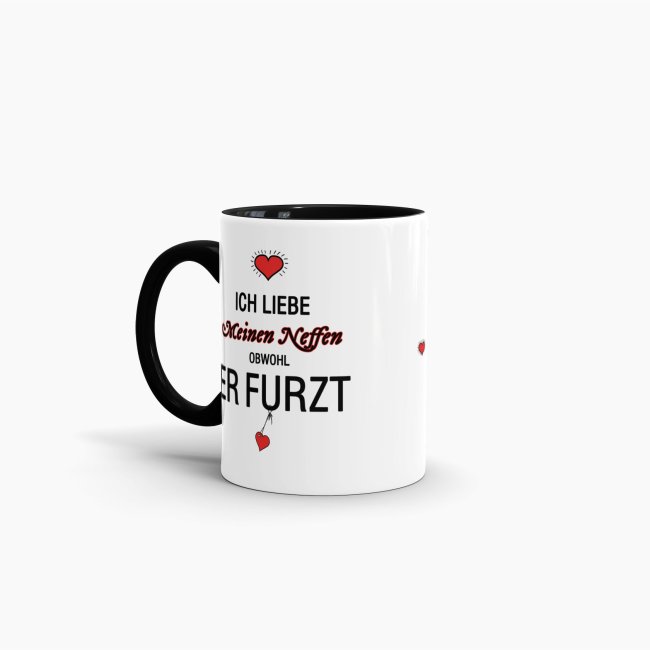 Tasse Liebeserkl&auml;rung &quot;Obwohl du furzt - Neffe&quot; - Innen &amp; Henkel Schwarz