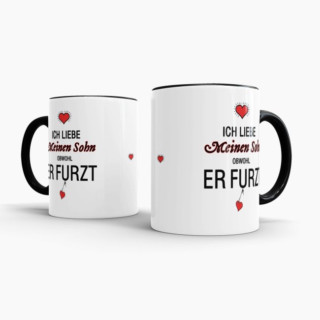 Tasse Liebeserkl&auml;rung &quot;Obwohl du furzt - Sohn&quot; - Innen &amp; Henkel Schwarz