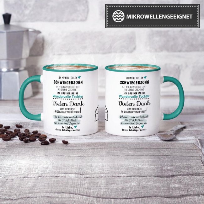 Tasse &quot;Zirkus - an Schwiegersohn von Schwiegermutter&quot; Innen &amp; Henkel T&uuml;rkis
