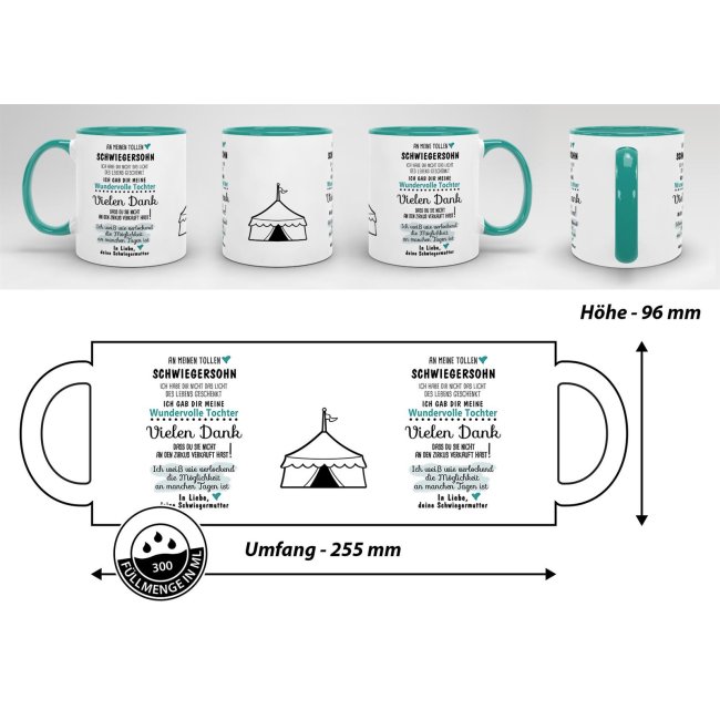 Tasse &quot;Zirkus - an Schwiegersohn von Schwiegermutter&quot; Innen &amp; Henkel T&uuml;rkis