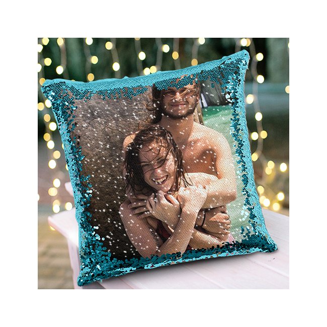 Fotokissen mit Wendepailletten - Blau - mit F&uuml;llung