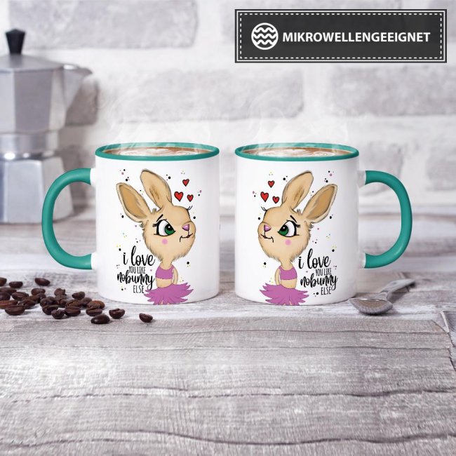 Tasse Hasenliebe - like nobunny else - Hasenm&auml;dchen - Innen &amp; Henkel T&uuml;rkis