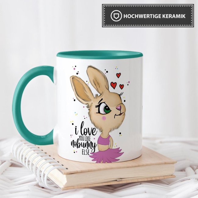 Tasse Hasenliebe - like nobunny else - Hasenm&auml;dchen - Innen &amp; Henkel T&uuml;rkis