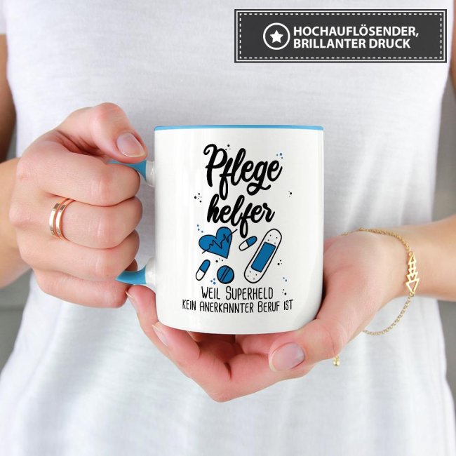 Berufe-Tasse Superheld Pflegehelfer - Hellblau