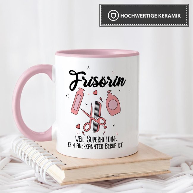 Berufe-Tasse Superheldin Fris&ouml;rin - Rosa