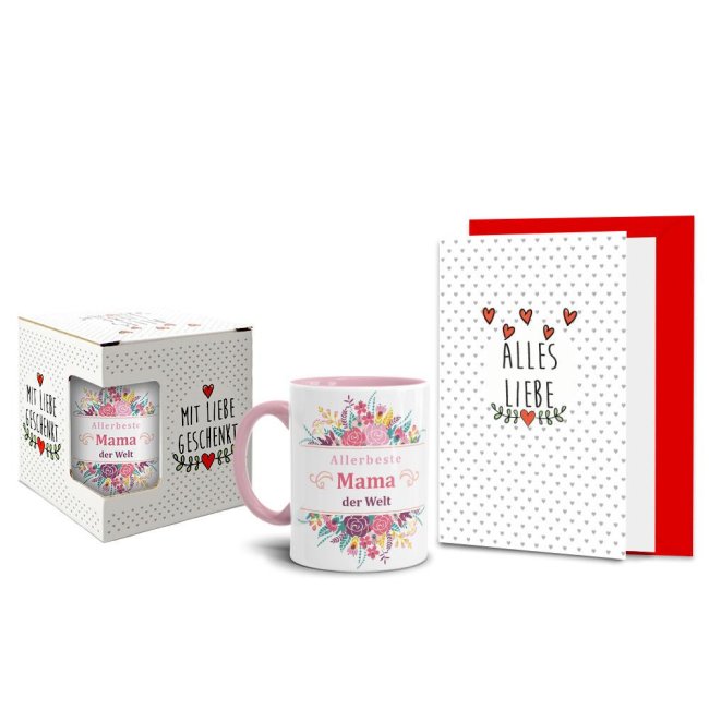 Geschenk-Set zum Muttertag - Allerbeste Mama - Tasse Innen &amp; Henkel rosa mit Spruch inkl. Gru&szlig;karte und Geschenk-Verpackung
