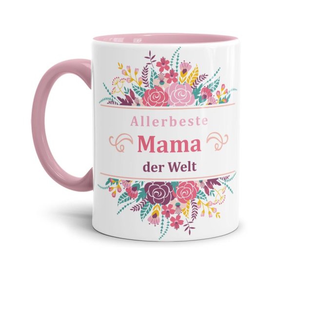 Geschenk-Set zum Muttertag - Allerbeste Mama - Tasse Innen &amp; Henkel rosa mit Spruch inkl. Gru&szlig;karte und Geschenk-Verpackung