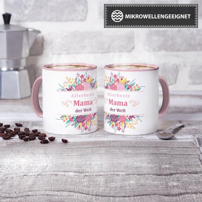 Geschenk-Set zum Muttertag - Allerbeste Mama - Tasse Innen &amp; Henkel rosa mit Spruch inkl. Gru&szlig;karte und Geschenk-Verpackung