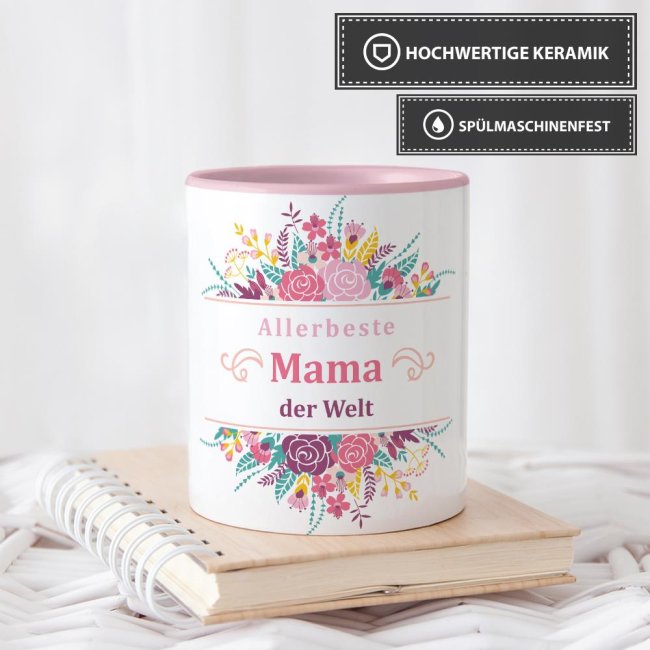 Geschenk-Set zum Muttertag - Allerbeste Mama - Tasse Innen &amp; Henkel rosa mit Spruch inkl. Gru&szlig;karte und Geschenk-Verpackung