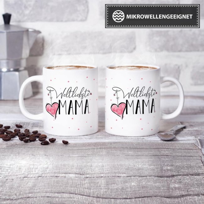 Geschenk-Set zum Muttertag - Weltliebste Mama - Tasse in Wei&szlig; mit Spruch inkl. Gru&szlig;karte und Geschenk-Verpackung