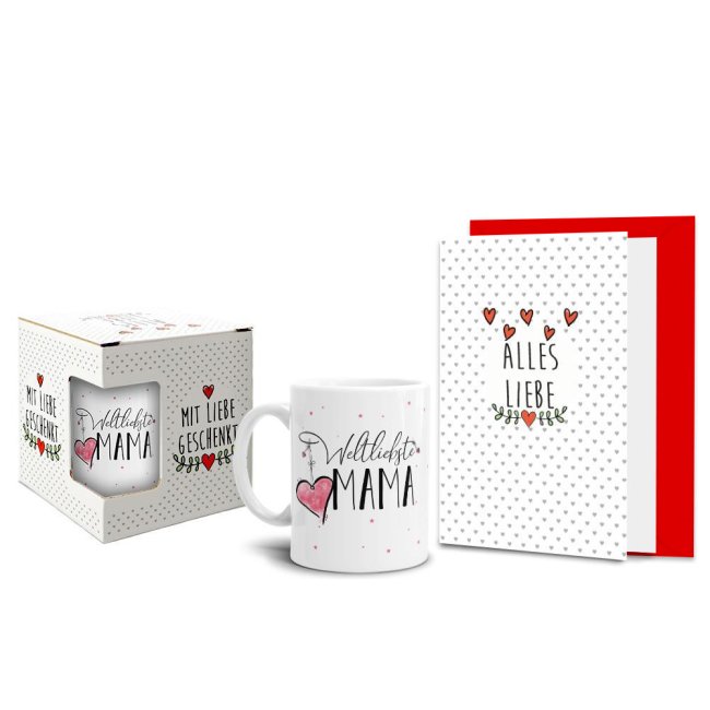 Geschenk-Set zum Muttertag - Weltliebste Mama - Tasse in Wei&szlig; mit Spruch inkl. Gru&szlig;karte und Geschenk-Verpackung