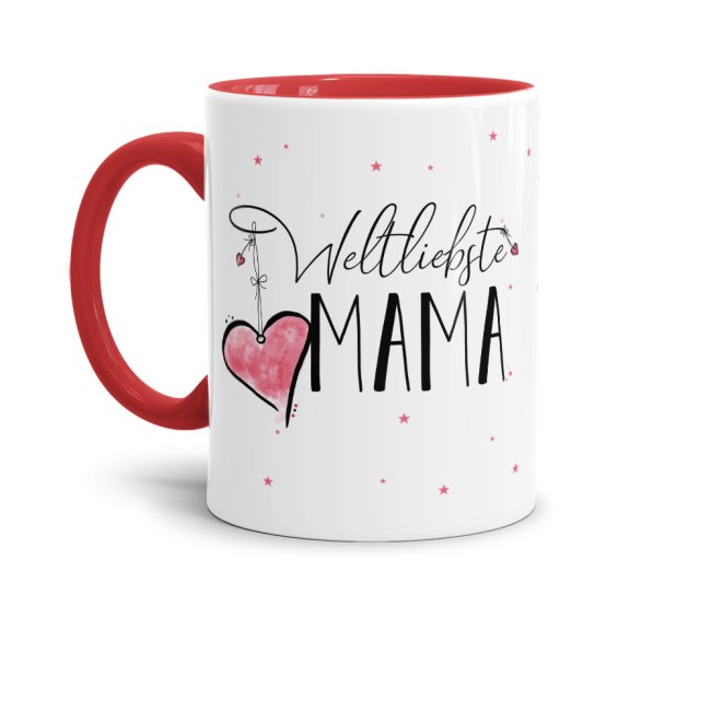 Geschenk-Set zum Muttertag - Weltliebste Mama - Tasse Innen &amp; Henkel rot mit Spruch inkl. Gru&szlig;karte und Geschenk-Verpackung