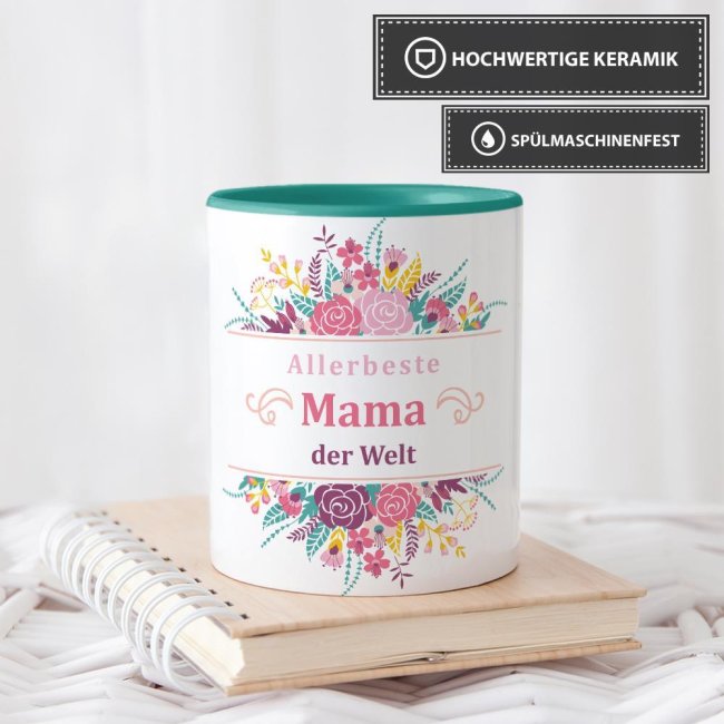 Geschenk-Set zum Muttertag - Weltliebste Mama - Tasse Innen &amp; Henkel rot mit Spruch inkl. Gru&szlig;karte und Geschenk-Verpackung
