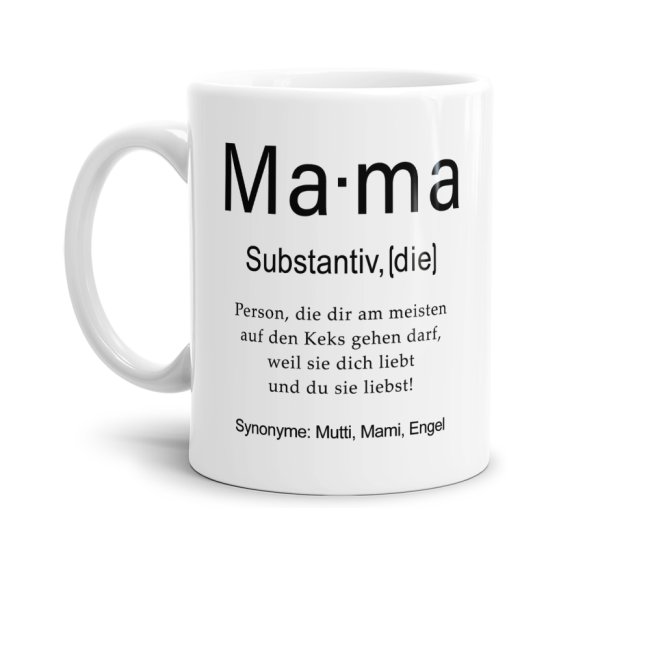 Geschenk-Set zum Muttertag - Dudenwort Mama - Tasse in Wei&szlig; mit Spruch inkl. Gru&szlig;karte und Geschenk-Verpackung