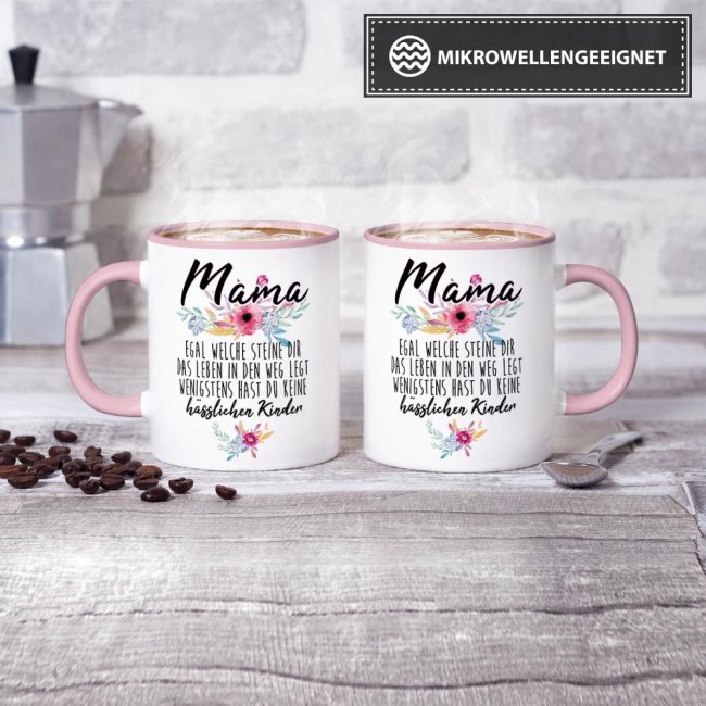 Geschenk-Set zum Muttertag - Mama - keine h&auml;sslichen Kinder - Tasse Innen &amp; Henkel rosa mit Spruch inkl. Gru&szlig;karte und Geschenk-Verpackung