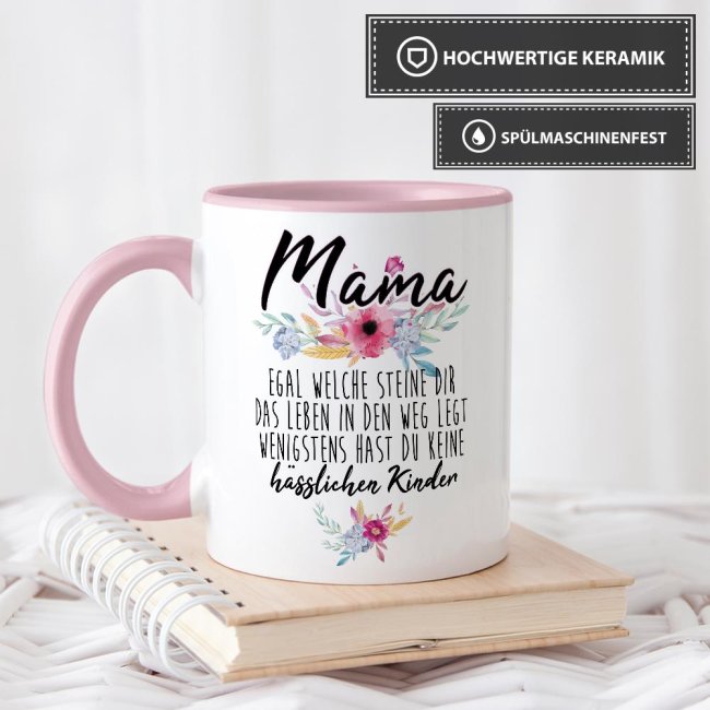 Geschenk-Set zum Muttertag - Mama - keine h&auml;sslichen Kinder - Tasse Innen &amp; Henkel rosa mit Spruch inkl. Gru&szlig;karte und Geschenk-Verpackung