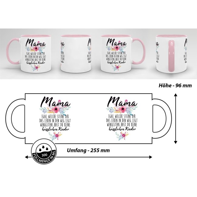 Geschenk-Set zum Muttertag - Mama - keine h&auml;sslichen Kinder - Tasse Innen &amp; Henkel rosa mit Spruch inkl. Gru&szlig;karte und Geschenk-Verpackung