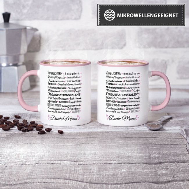 Tasse mit Spruch f&uuml;r Mama - Danke Mama -  Innen &amp; Henkel Rosa