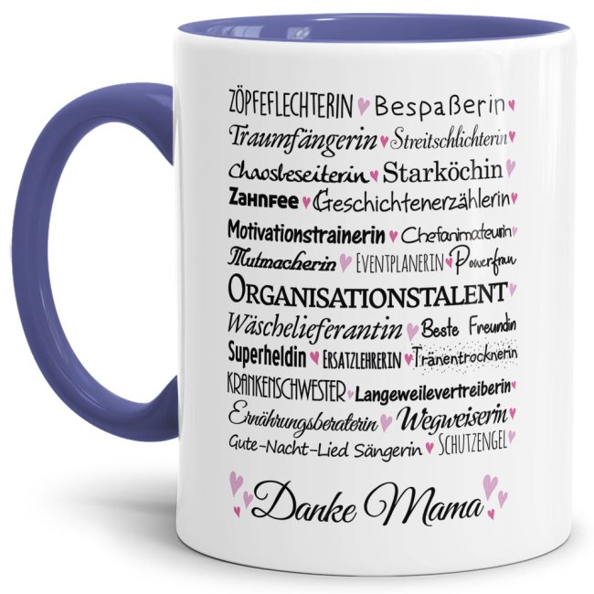 Tasse mit Spruch f&uuml;r Mama - Danke Mama -  Innen &amp; Henkel Cambridge Blau