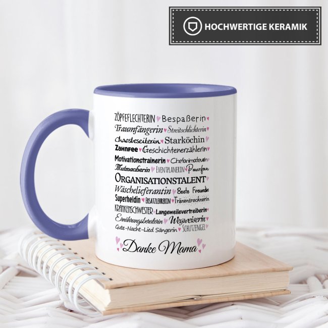 Tasse mit Spruch f&uuml;r Mama - Danke Mama -  Innen &amp; Henkel Cambridge Blau