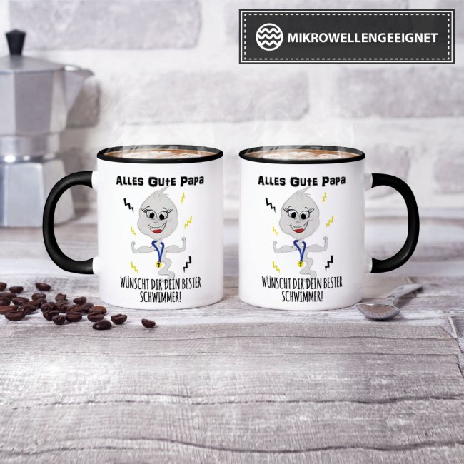 Lustige Tasse mit Spruch f&uuml;r Papa - Bester Schwimmer -  Innen &amp; Henkel Schwarz