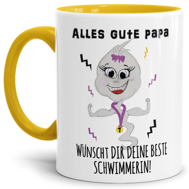 Lustige Tasse mit Spruch f&uuml;r Papa - Beste Schwimmerin -  Innen &amp; Henkel Gelb