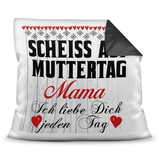 Kissen mit Spruch f&uuml;r Mama - Schei&szlig; auf Muttertag - Farbkissen R&uuml;ckseite Schwarz