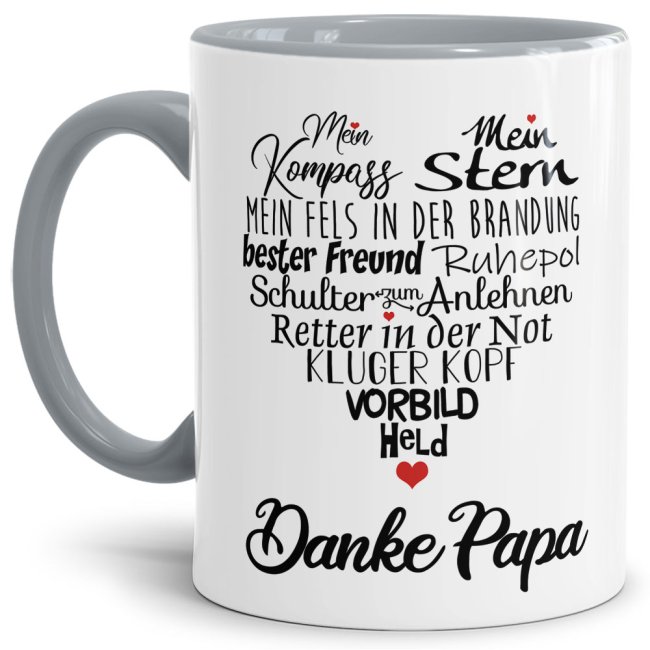 Lustige Tasse mit Spruch f&uuml;r Papa - Danke Papa - Innen &amp; Henkel Grau